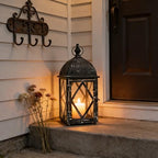 Vintage Metal Candle Lantern with Glass 17in Distressed Blue Rustic Large Farmhouse Hanging Candle Holder Lanterns for Indoor & Outdoor Front Porch Table Centerpiece Decor Black - Image 3