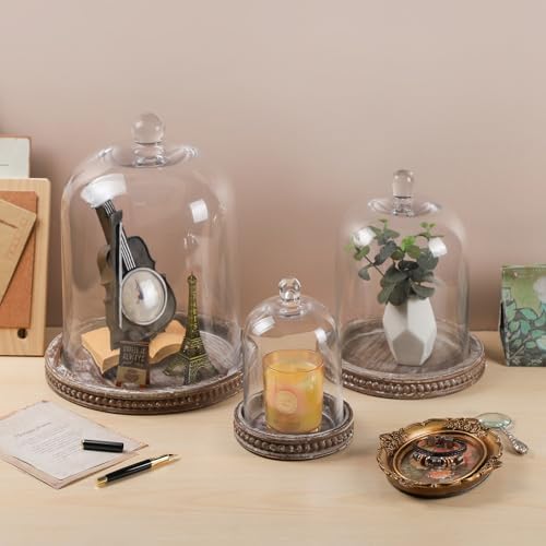 14" Large Handmade Sturdy Glass Cloche With Brown Beaded Wooden Base In Farmhouse & Cottage Style, For Terrarium, Trinkets, Cakes, Figurines (Brown, 10"x14") - Image 4