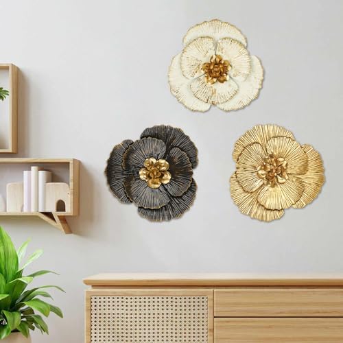 DILATATA 3 Pcs Metal Flower Wall Art Set 10 Inch Rustic Modern Floral Sculpture 3D Metal Flower Wall Hanging Accent for Indoor Living Room Bedroom Kitchen Bathroom Garden Patio Decor - Mixcolor - Image 4