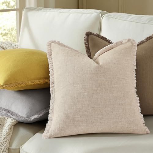 decorUhome Linen Fringe Mustard Yellow Throw Pillow Covers 18x18 Set of 2 - Image 4