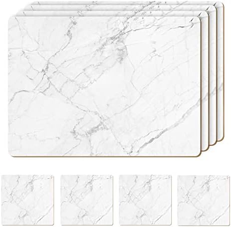 Set of 4 Heat Resistant Cork Placemats for Dining Table with Free Set of 4 Matching Drink Coasters Marble Design 16 x 12 Inches Cork Backed Hard Placemats (White Marble) by Moderry