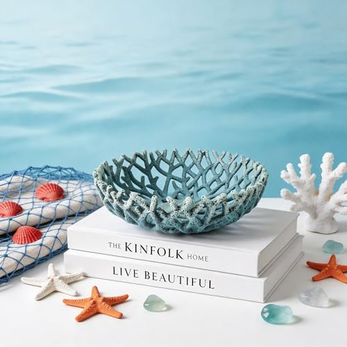 10-Inch Blue Resin Coral Bowl, Handcrafted Hollow Carved Coastal Art Decor - Image 2