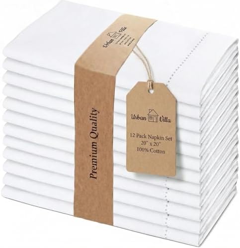 Urban Villa Cloth Napkins White Hemstitch Dinner Napkins Set of 12 (20X20) 100% Cotton Absorbent Washable Durable Reusable Ideal for Hotel Collection Farmhouse Parties Restaurant Lunch Dinner Napkins by CottonTrends