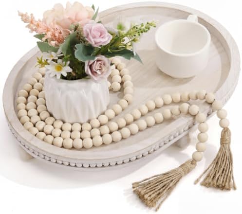 Mumufy 16" x 11.8" Oval Decorative Tray with 58" Bead Garland, White Washed by Mumufy