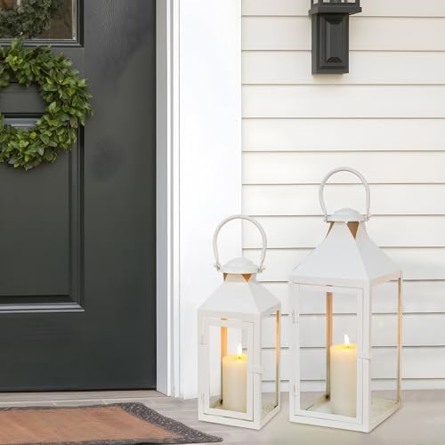 JHY DESIGN Set of 2 Cream Decorative Lanterns 17.5inch&13.5inch Metal Candle Lanterns for Indoor Outdoor Events Paritie and Weddings Vintage Style Hanging Lantern - Image 4