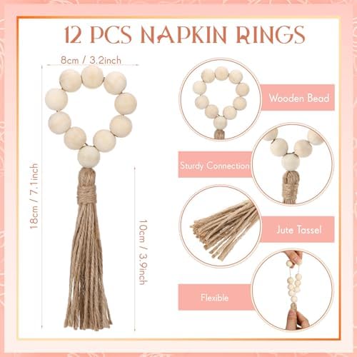 LemonRoad 36 Pcs Napkin Rings Set 12 Wood Bead Napkin Rings, 24 Cloth Napkins Boho Farmhouse Table Decorations Dinnerware Sets, Banquet, Wedding, Holiday Dinner Party - Image 4