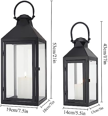 JHY DESIGN Set of 2 Black Decorative Lanterns 17.5inch&13.5inch Metal Candle Lanterns for Indoor Outdoor Events Paritie and Weddings Vintage Style Hanging Lantern - Image 2