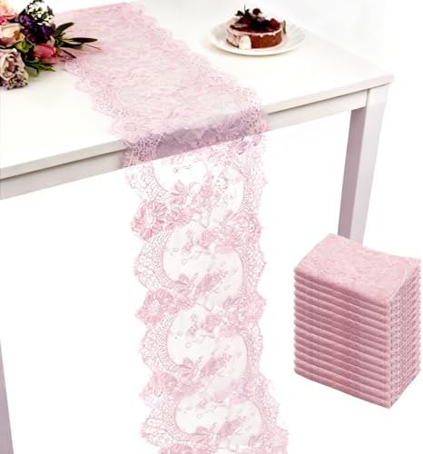 14 Pcs Rose Pink Lace Table Runner 14 x 120 Inch Wedding Romantic Floral Table Cloths Embroidered Runner Decorations for Bridal Shower Birthday Party by LECEHIVO