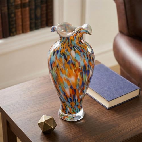 12in Tall Hand Blown Glass Vase Unique Ruffle Wide Mouth Vases, Elegant Modern Glass Flower Decorations Vase, Beautiful Colorful Vases for Home Living Room Bookshelves Wedding High End Centerpieces - Image 4