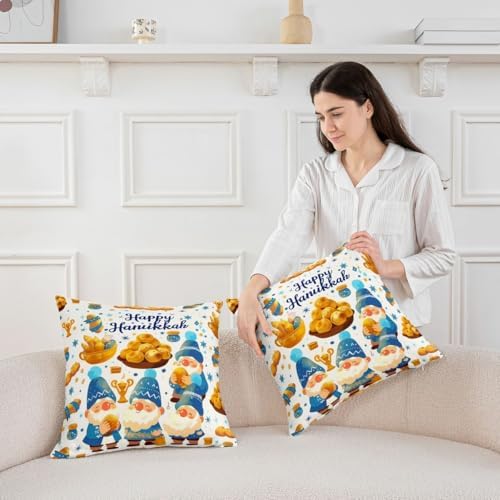Erosebridal Happy Hanukkah Decorative Pillow Covers, Cute Menorah Stars Throw Pillow Covers 24X24 Set of 2, Funny Gnome Cushion Cases for Couch Bed Sofa Home Decor, Blue and White - Image 3