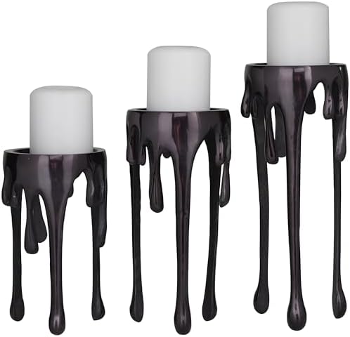 CosmoLiving by Cosmopolitan Aluminum Metal Decorative Candle Holder Pillar Candle Stand with Dripping Melting Designed Legs, Set of 3 Candlestick Holder 12", 10", 8"H, Black by Unknown