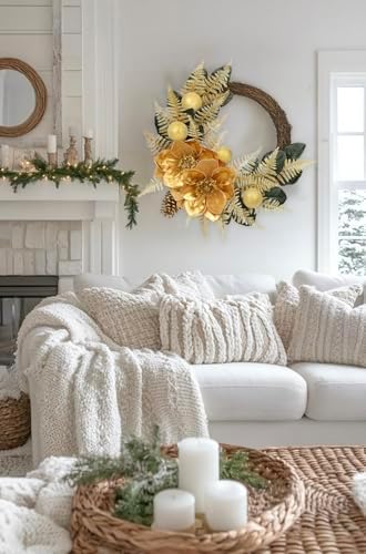 24" Christmas Wreath for Front Door – Artificial Winter Half Wreath with Gold Maglonia Flower, Ball Ornaments, Fern Leaves for Indoor & Covered Outdoor Holiday Christmas Decoration - Image 5