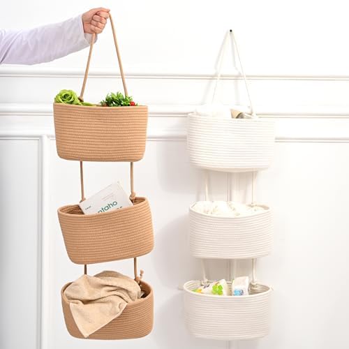 ICERZCZ Hanging Baskets for Organizing, Over the Door Decorative Storage Organizer, Nursery Decor Organization, 3-Tier Wall Basket for Entryway Playroom Bathroom Closet, Khaki - Image 5