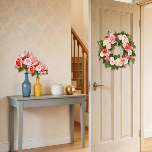 22in Artificial Pink Peony Spring Summer Wreath and Bouquets Sets, Realistic Spring Fake Flower Decor with Real Rattan Base, Includes 2 Matching Bouquets, Front Door Home Mother's Day - Image 5