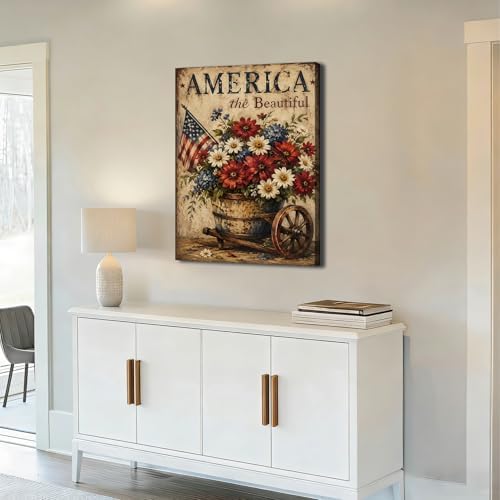 Ship Next Day - Framed Patriotic Wall Art Canvas, America the Beautiful Floral Painting, Rustic Farmhouse USA Flag Canvas Print for Living Room, Kitchen, Bedroom, Office, Made in USA - Image 3