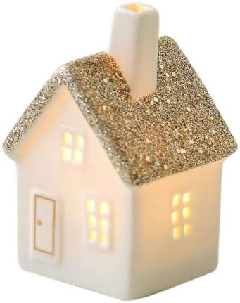 Champagne Ceramic Houses Statue Christmas Village with LED Light, Exquisite Porcelain Miniature Indoor Decorations for Home,Large House by Lllunimon