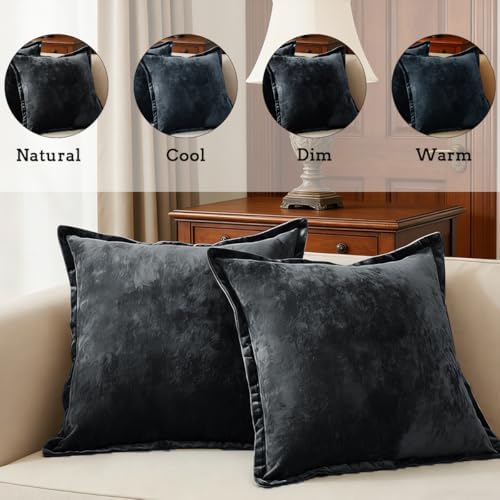 Luxurious Velvet Euro Shams Decorative Throw Pillow Covers 26x26 Set of 2 Solid Square Euro Pillow Shams for Sofa Couch Bedroom, Black - Image 2