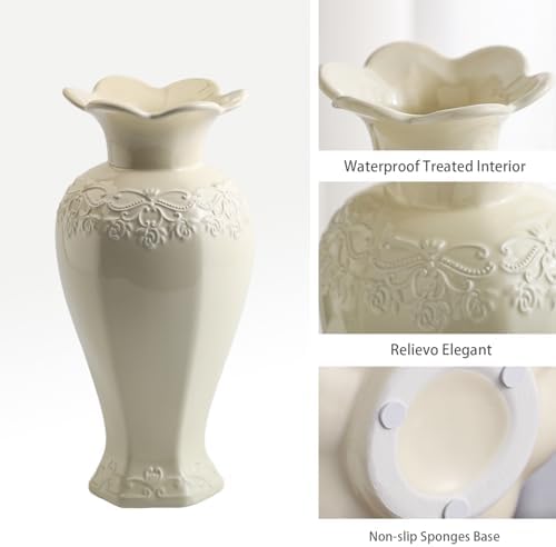 Relievo Elegant White Cream 8in 11in Ceramic Flower Tall Aesthetic Beige Table Tulip Wide Mouth Rose Filler Decorative Rustic Vase Decor for Home (Cream Vase, L) - Image 3