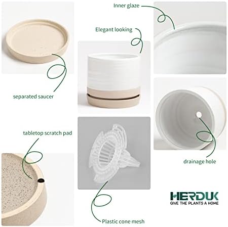 HERDUK 6 Inch Plant Pots, Ceramic Planter Pot with Drainage Hole & Saucer, Indoor/Outdoor Cylinder Round Planter Pot, White & Beige Glaze - Image 4