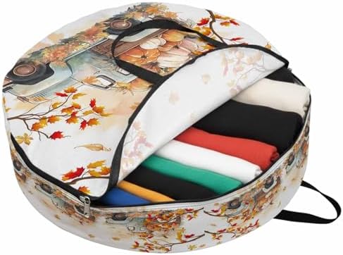 Thanksgiving Pumpkin Round Storage Bag 30 Inch, Truck Fall Maple Leaves Clothes Storage Container with Handles Heavy Duty Organizer for Comforter, Bedding & Holiday Wreaths by Unknown