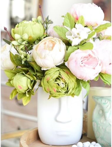 FiveSeasonStuff Cream Beige & Moss Green Artificial Peony Bouquet Set of 2 - Image 6