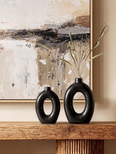 LE TAUCI Ceramic Vases Set of 2, Black Hollow Donut Flower Vases, Modern Decorative Centerpiece for Home Decor, Coffee Table, Shelf, Mantel, Black Bronze Speckle (H10.5”xW8.5”) - Image 3