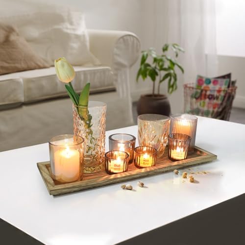 Rustic Wooden Tray with 8 Brown Glass Votive Candle Holders - Image 5