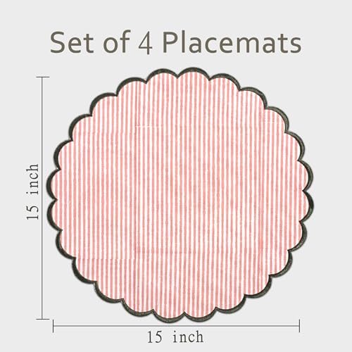 Ridhi Floral Block Print Round Placemats 15" in, Set of 4,Heart Pink Stripe - Image 4