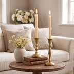 Gold Taper Candle Holders Set of 2 Cast Iron Vintage Christmas Candlestick - Image 4