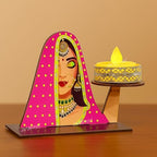 Divyakosh Traditional Rajasthani Lady Face Tea Light Candle Holder Set – Multicolor Wooden Decorative Diyas for Home, Festive Decor & Gifts (Set of 4) - Image 2