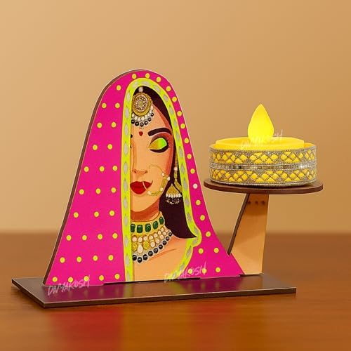 Divyakosh Traditional Rajasthani Lady Face Tea Light Candle Holder Set – Multicolor Wooden Decorative Diyas for Home, Festive Decor & Gifts (Set of 4) - Image 2