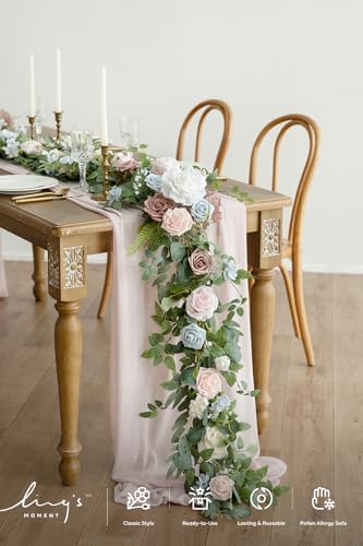 Ling's moment Flower Garland, 6FT Eucalyptus & Rose Blush Powder Blue - Image 2
