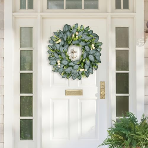 23 Inch Artificial Eucalyptus Wreaths for Front Door, Spring Boxwood Door Wreath with Berries, Summer Green Wreath for Wall Window Porch Farmhouse Wedding Decor All Year Round Indoor Outdoor - Image 5