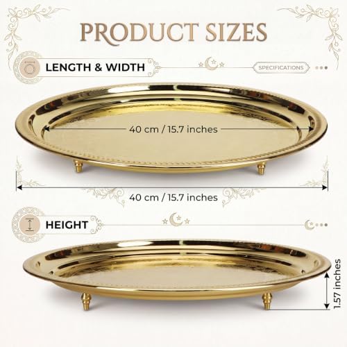 Hushee 15.7 Inch Gold Metal Decorative Tray with Feet Vintage Round Embossed Coffee Table Serving Tray for Candles Jewelry Living Room Entryway Dining Room - Image 2