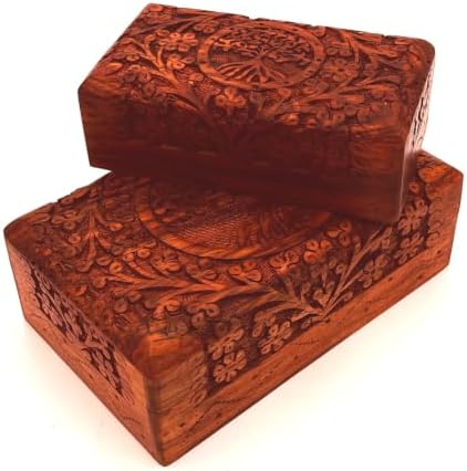 Handcarved Wooden Decorative Treasure Chest Box 8 x 5 Inch Brown Tree Of Life Pattern - Multipurpose Use as Sister gifts for Jewelry Storage, Watch Box, Grandma Gifts Pack fo 2 Boxes - Image 4
