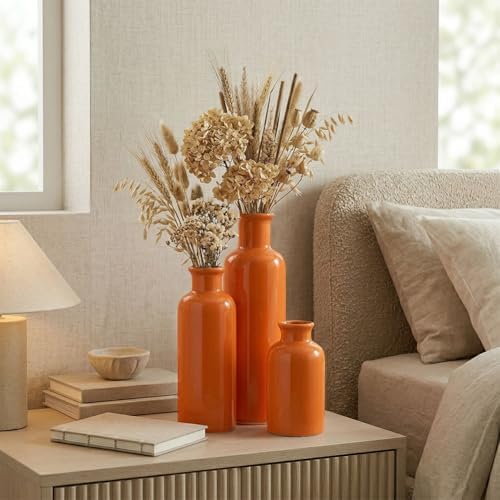 Ceramic Vase Set - 3 Orange Small Vases, Farmhouse Country Flower Vase Home Decor, Living Room Decoration, Table Decoration, Fireplace Decor, and Entrance Decorations Centerpieces - Image 4