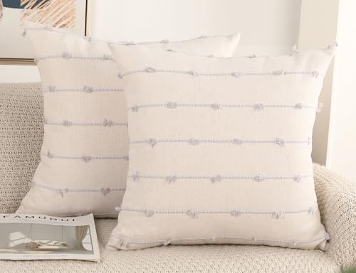 NUYECY Set of 2 Boho Throw Pillow Covers 24x24,Stone Grey and White Neutral Couch Pillow Case with Tassel Fringe Decorative,Modern Accent Farmhouse Cushion Covers for Sofa Couch Bed Living Room by NUYECY