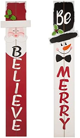 Glitzhome 2 Set 42" H Christmas Welcome Sign Wooden Snowman Santa Vertical Home Wall Decor, Merry Believe Standing Hanging Xmas Porch Decoration for Farmhouse Outdoor Indoor Décor by Glitzhome