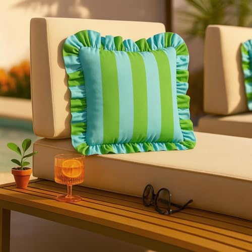 MONDAY MOOSE Decorative Throw Pillow Covers, Set of 2 Water-Resistant Striped Design with Ruffle Edge for Outdoor/Indoor Use, Pillow Inserts Not Included (22x22 inch, Light Green/Light Blue) - Image 4