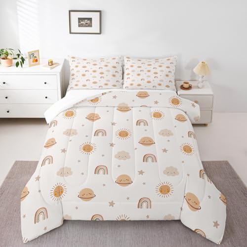 Erosebridal Girls Rainbow Comforter Set Kids Sun and Stars Quilt King Children Kawaii Planets Clouds Comforters & Sets Girly Cartoon Theme Bedding Set Iridescent Print Down Comforter + 2 Pillowcases - Image 2