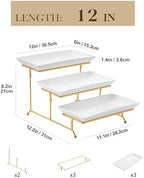 MALACASA 3 Tier Serving Trays for Party, 12 Inch Porcelain White Trays for Serving Food, Dessert Stand with Collapsible Gold Metal Rack - Image 2