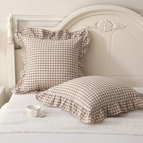 Silnuo 2 Pack Taupe/White Plaid Ruffle Throw Pillow Covers 24"x24" by Silnuo