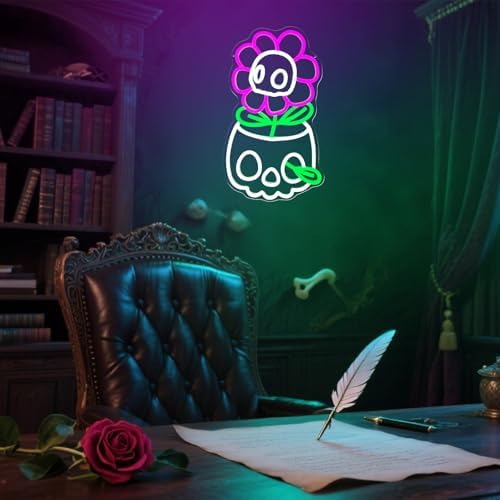Skull Neon Sign for Wall Decor Halloween LED Sign Dimmable Cute Skull Flower Neon Sign for Boys Girls Bedroom, Game Room, Living Room, Man Cave, Halloween Party Decor Gifts - Image 5