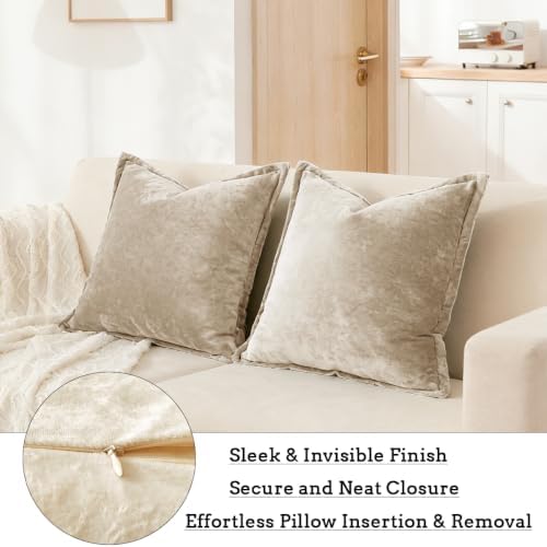 Luxurious Velvet Euro Shams Decorative Throw Pillow Covers 26x26 Set of 2 Solid Square Euro Pillow Shams for Sofa Couch Bedroom, Beige - Image 3