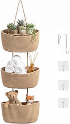 3-Tier Over the Door Hanging Basket, Cotton Rope Woven Decorative Hanging Storage, Large Wall Basket for Nursery Bedroom, Foldable Height Adjustable Organizer, Jute Color (Large(14.8"L×7.1"H)) by Unknown
