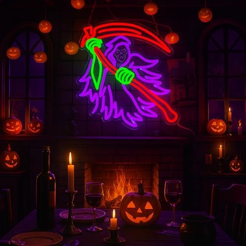 Halloween Grim Reaper Neon Sign – Spooky Halloween LED Wall Light, USB Powered Dimmable Horror Neon Sign for Wall Decor, Game Room, Man Cave, Gothic Bedroom, Haunted House, Seasonal Holiday Gift - Image 5