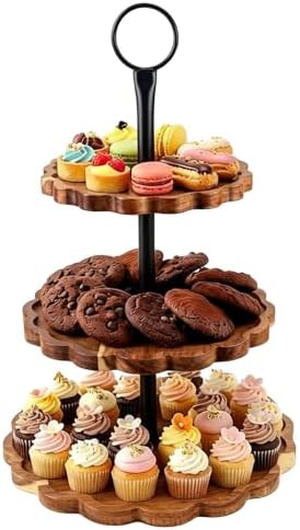 AnyDesign 3 Tier Cupcake Stand Scalloped Wooden Dessert Display Stand Brown Tiered Serving Tray for Wedding Birthday Bridal Baby Shower Tea Party Events by AnyDesign