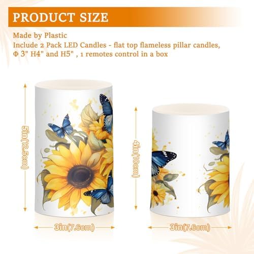 ALAZA Blue Butterflies Sunflowers Flickering Flameless Candles Battery Operated with Remote Timer,Tea Light Candles LED Pillar Votive Candles Set of 2 for Outdoor Indoor Decorations - Image 3