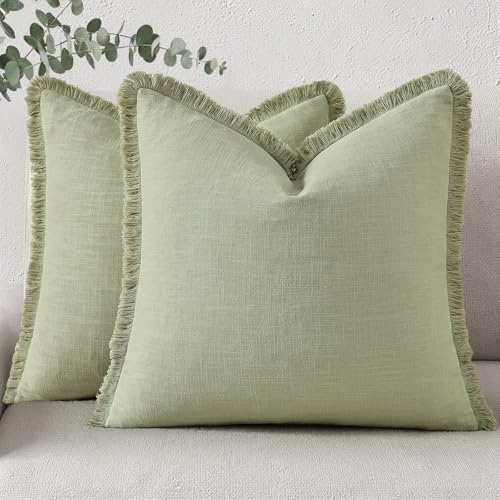 decorUhome Linen Fringe Sage Green Throw Pillow Covers 20x20 Set of 2 by decorUhome