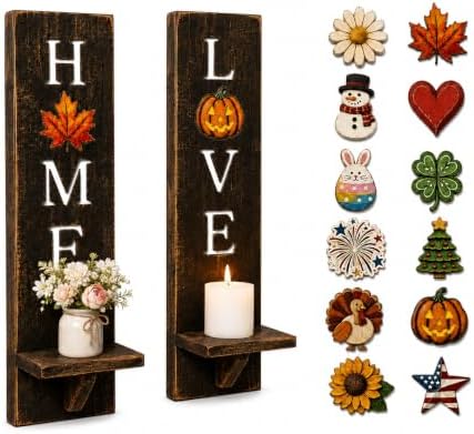 Wall Candle Holder Set of 2, Wooden Candle Sconces Farmhouse Wall Decor by Unknown